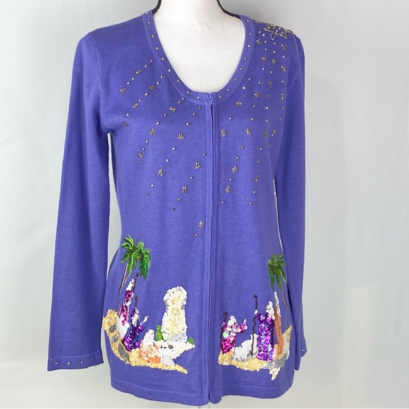 Storybook Knits Womens Christmas Sequin Three Wise Men Manger Sweater Sz Small - Picture 1 of 9
